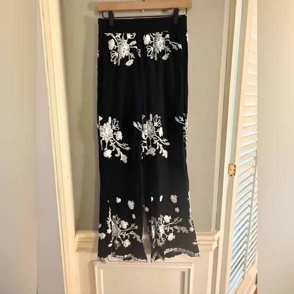 LIV Los Angeles Black Embroidered Palazzo Pants Wide Leg Boho Festival S - Picture 10 of 10